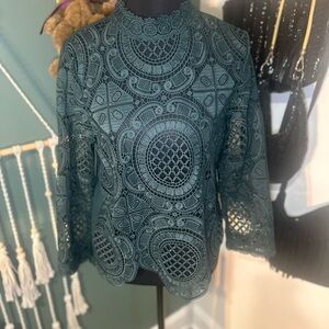 James Coviello Teal Lace Blouse Y2K Boho Romantic Crochet Top Scalloped Hem